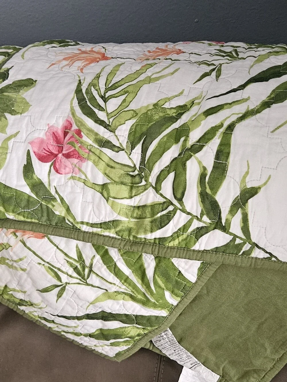 Macy's Tropical Floral 3 Pillow Shams in Pink & Green on White
